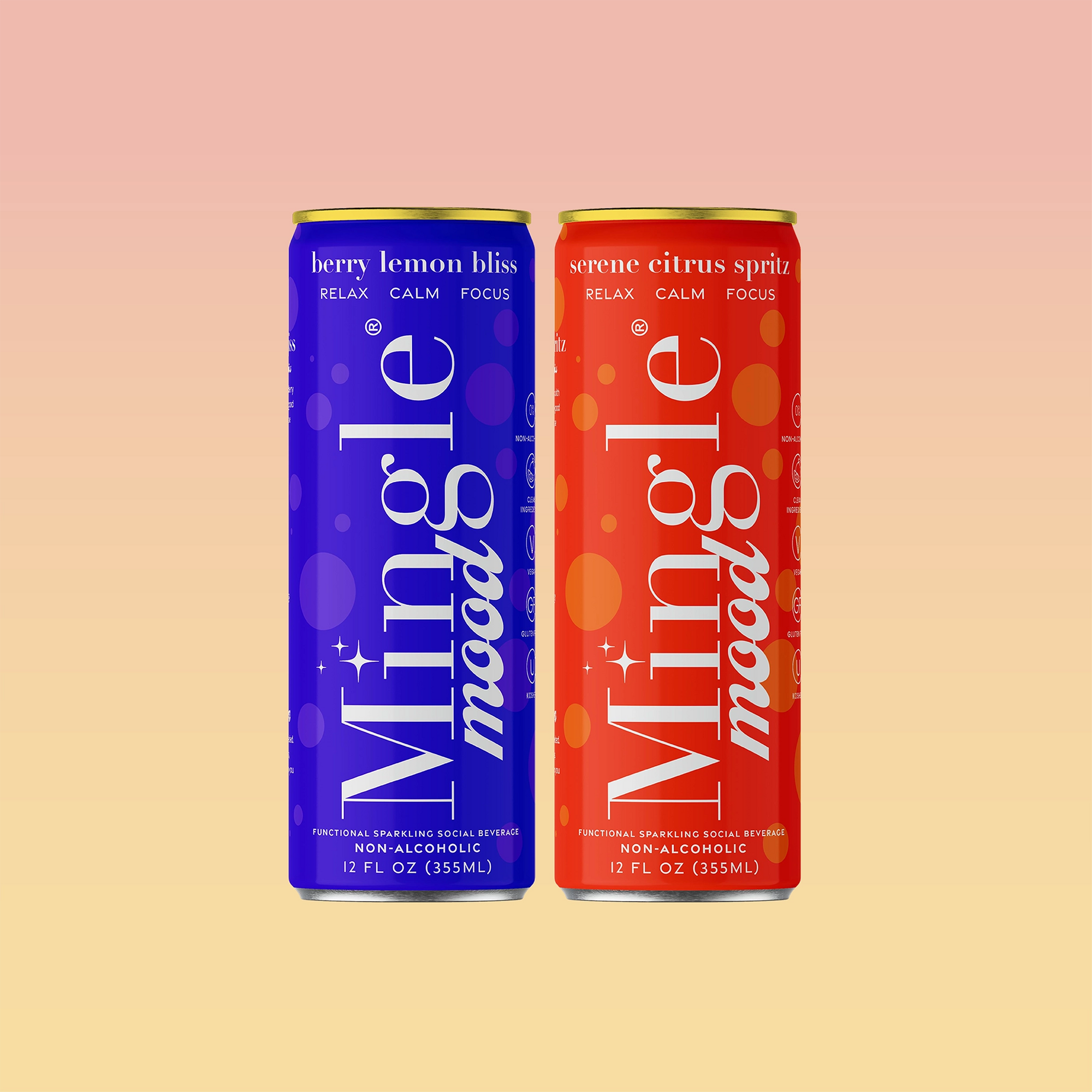 Blue Berry Lemon Bliss and coral Serene Citrus Spritz Mingle Mood cans side by side on a pink-to-peach gradient background.