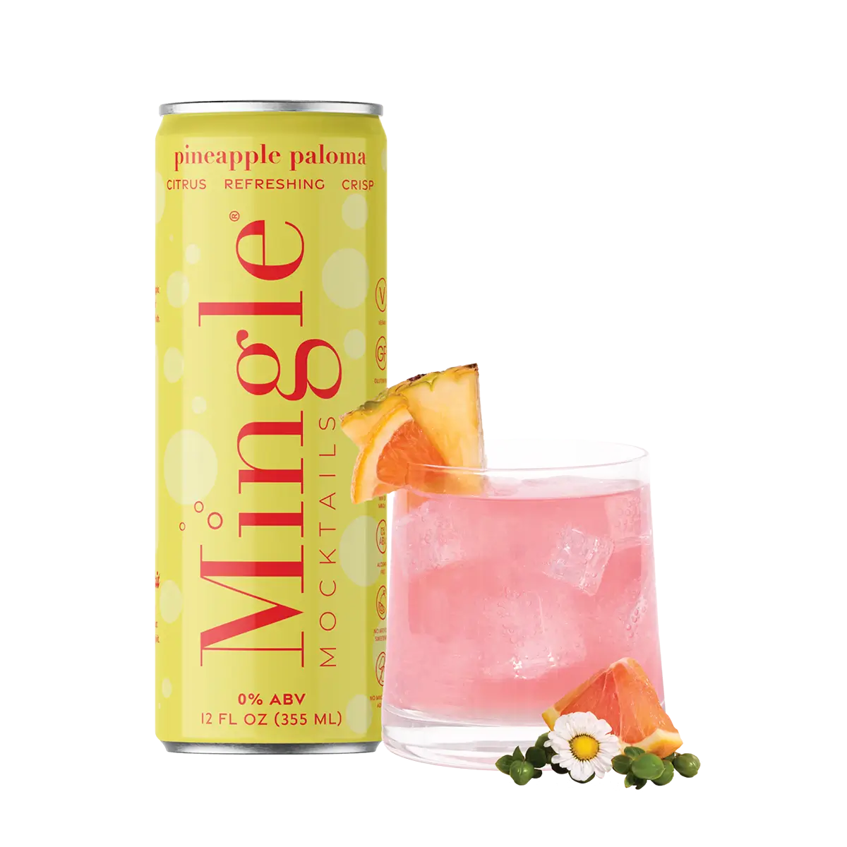 Mingle Mocktails Pineapple Paloma can alongside a pink cocktail in a glass with ice, garnished with a pineapple wedge, grapefruit slice, and small white flowers. The can is yellow with red text highlighting "citrus, refreshing, crisp" and "0% ABV" on the label. The scene is styled with a bright, fresh, and vibrant aesthetic.