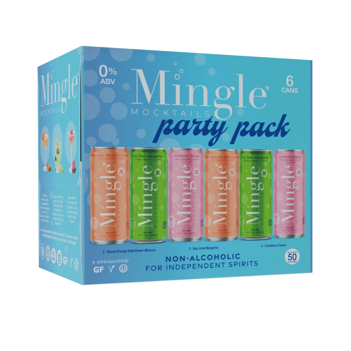 Mingle Mocktails Party Pack featuring six non-alcoholic drink cans in assorted flavors with a vibrant blue box design