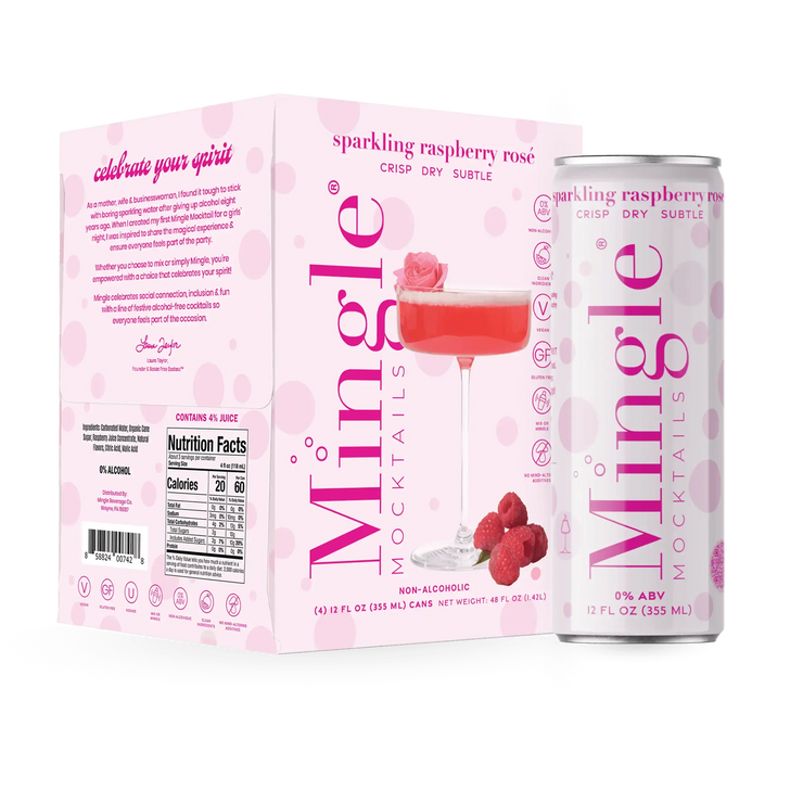Mingle Mocktails Sparkling Raspberry Rosé 4-pack and single can featuring soft pink packaging and a crisp, subtle, non-alcoholic mocktail.