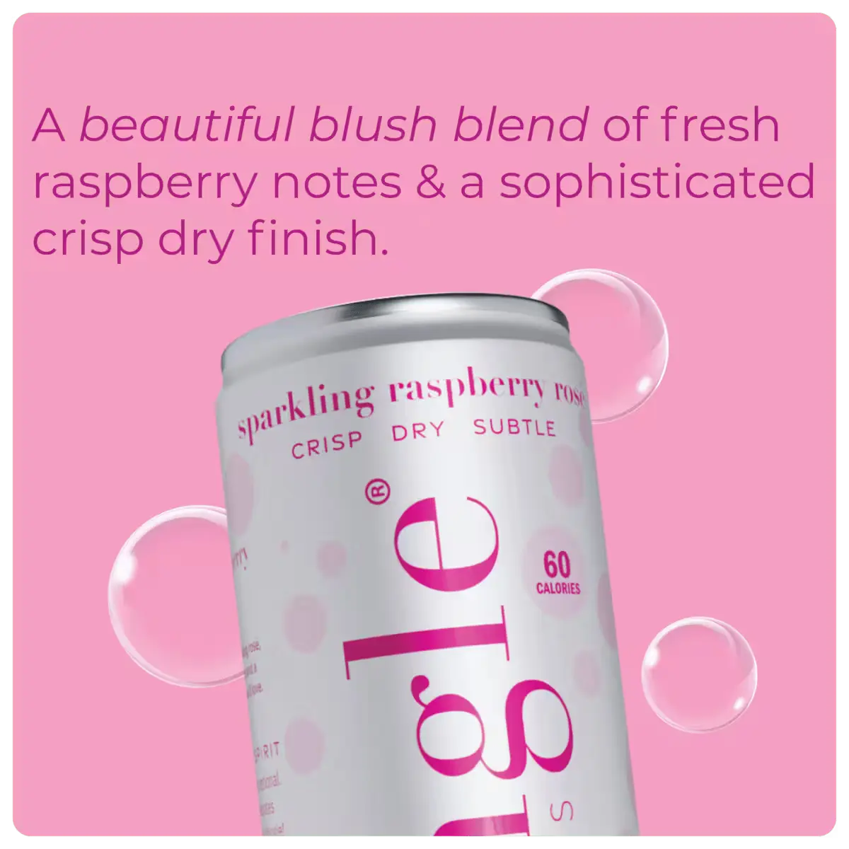 raspberry mocktail can labeled "sparkling raspberry rosé" with a blush blend description, highlighting a crisp, dry finish on a pink background