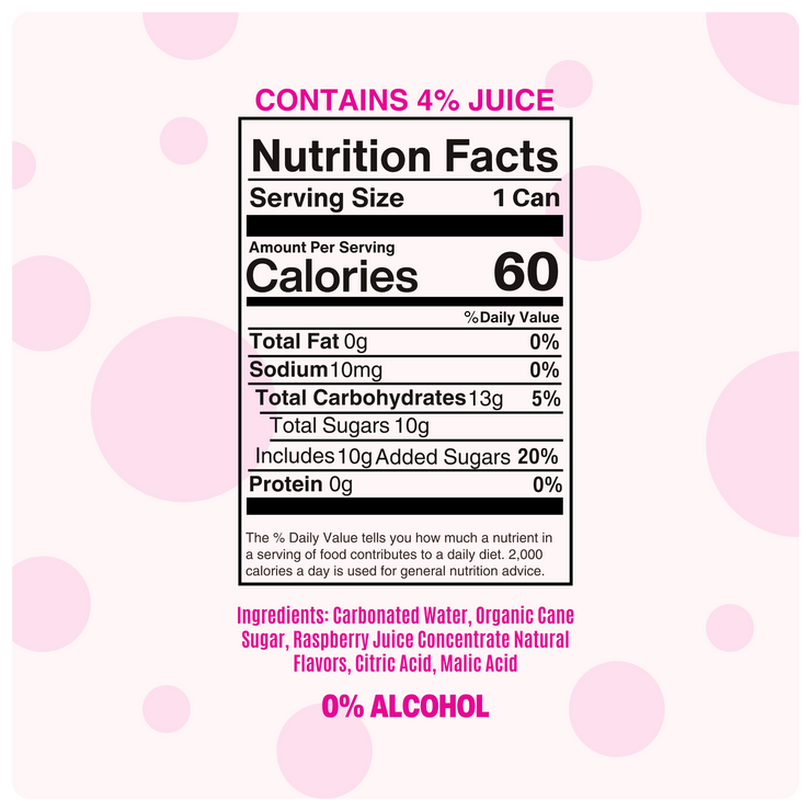 virgin raspberry rosé nutrition facts showing 60 calories, 4% juice, and 0% alcohol on a pink background