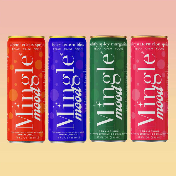 Four Mingle Mood functional sparkling mocktail cans lined up in citrus, berry, margarita, and watermelon flavors.