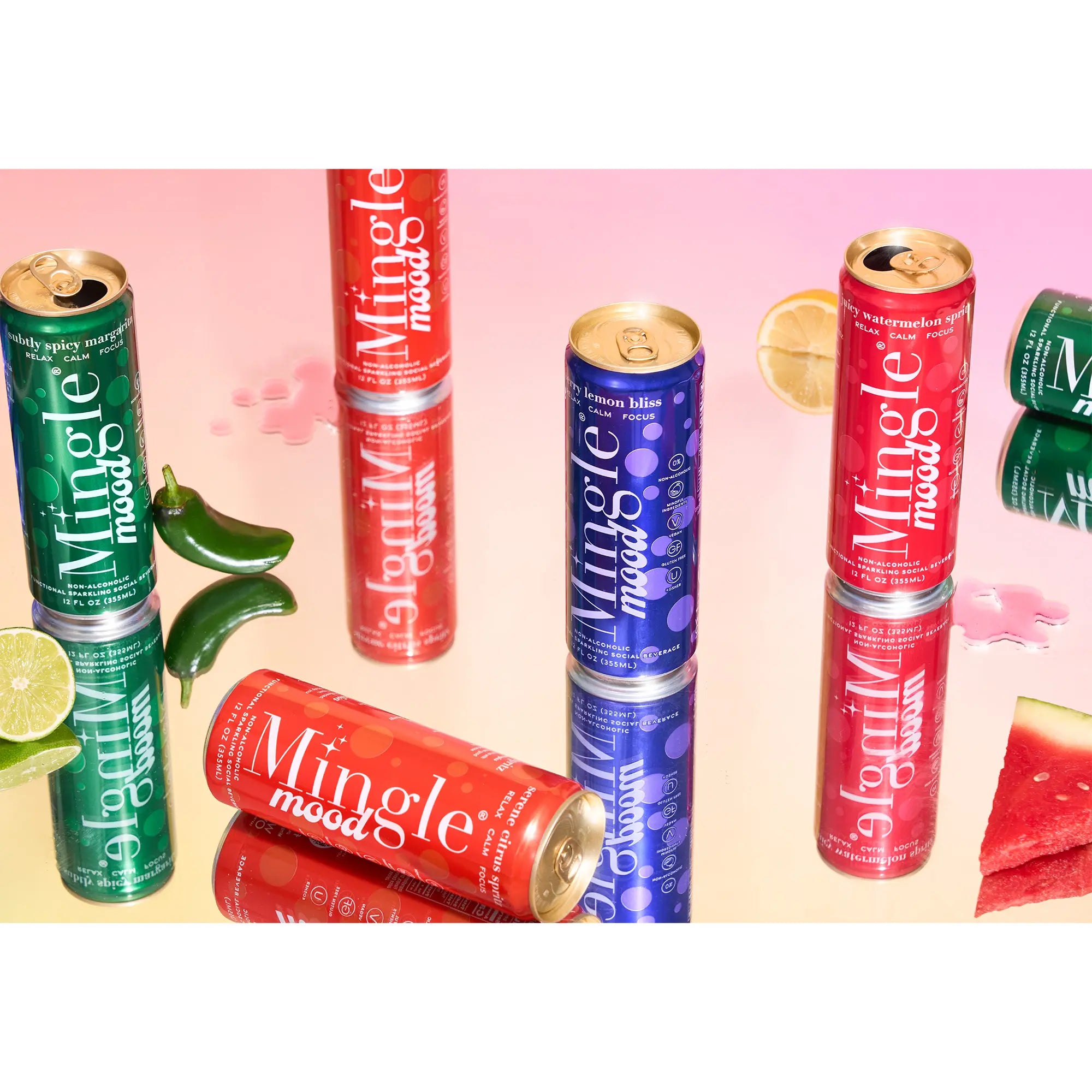 Mingle Mood variety pack cans in margarita, citrus, lemon bliss, and watermelon with fresh garnishes.