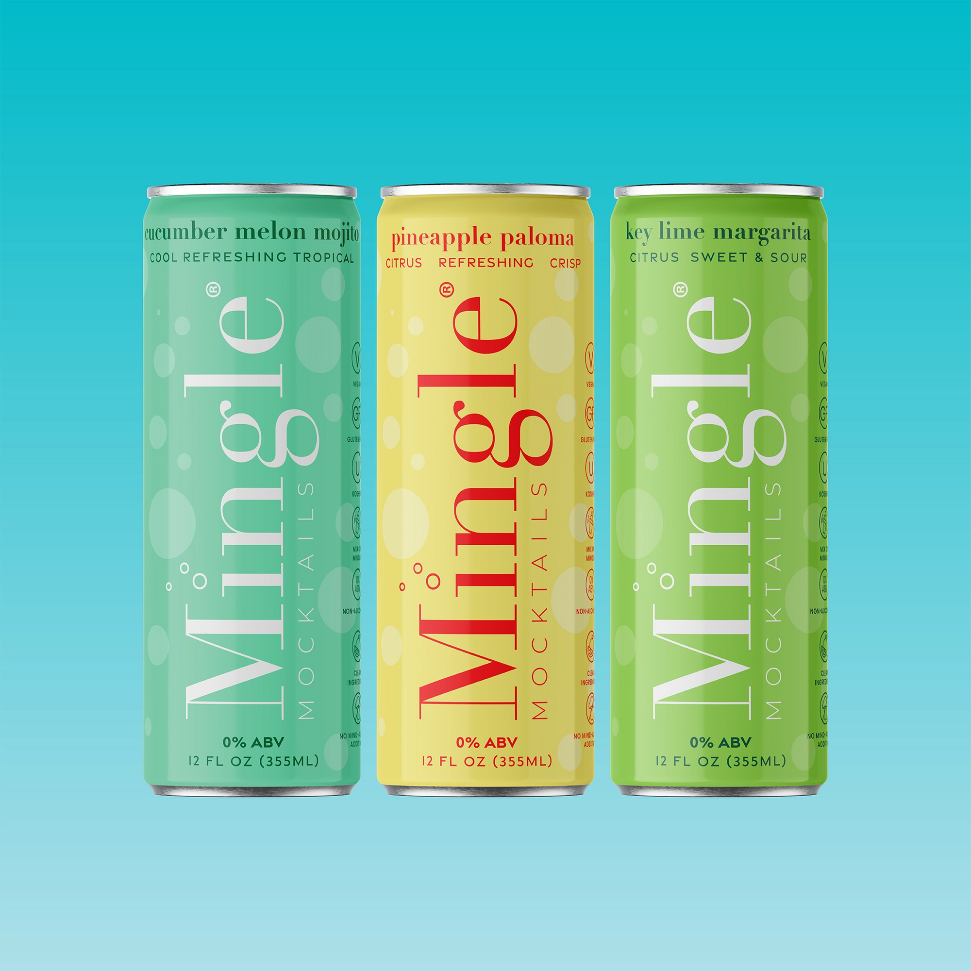 Three Mingle Tropical Trio non-alcoholic mocktail cans in green teal and lime featuring Mojito and Paloma and Margarita flavors.