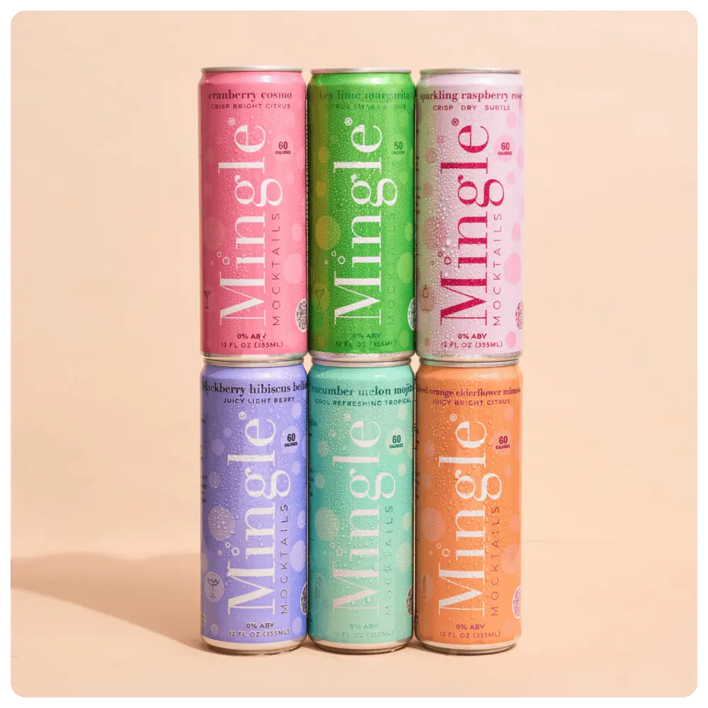 Ready-made non-alcoholic cocktails in colorful Mingle cans stacked in two rows featuring six different mocktail flavors.