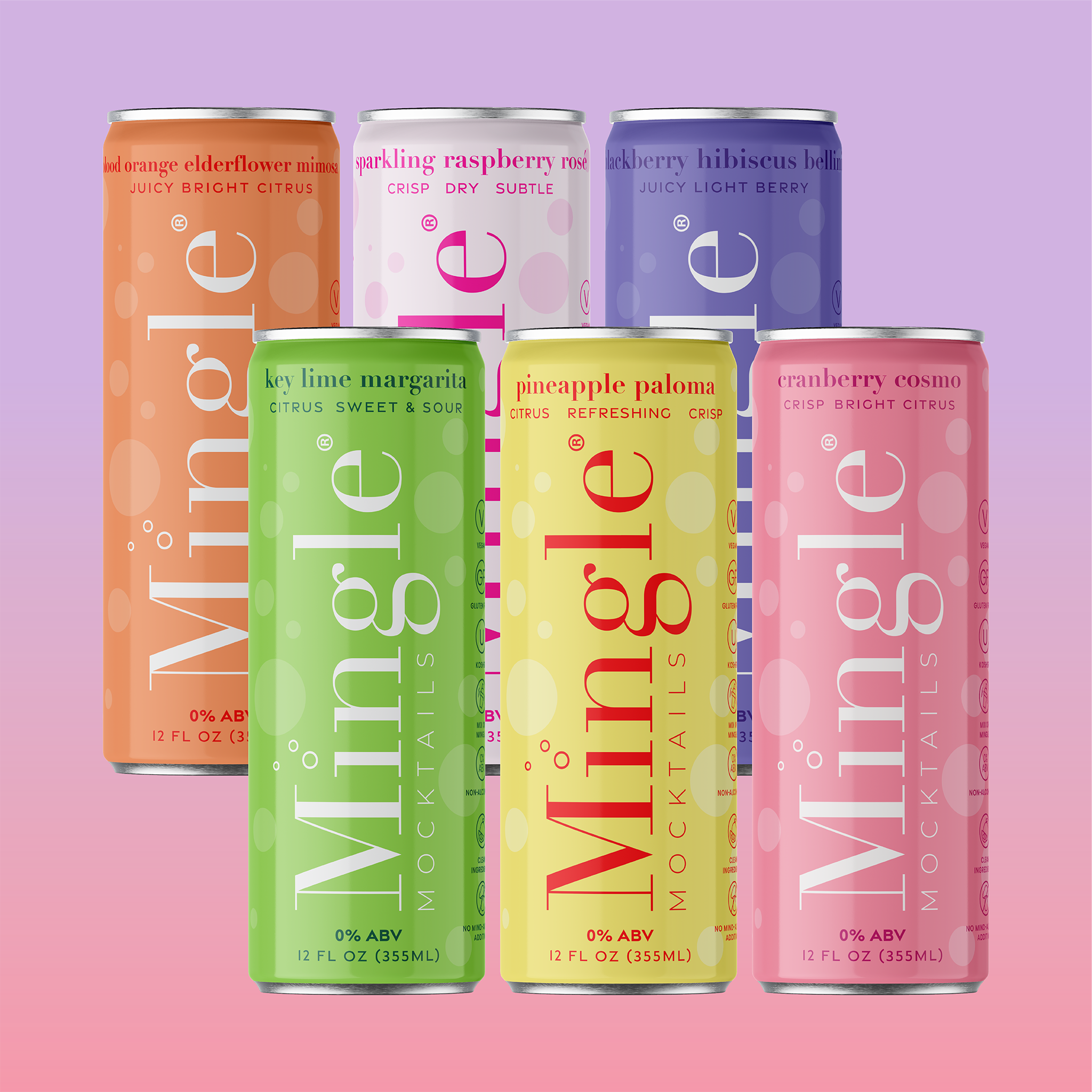 Six colorful Mingle Mocktails non-alcoholic cans displayed in two rows on a purple-to-pink gradient background.