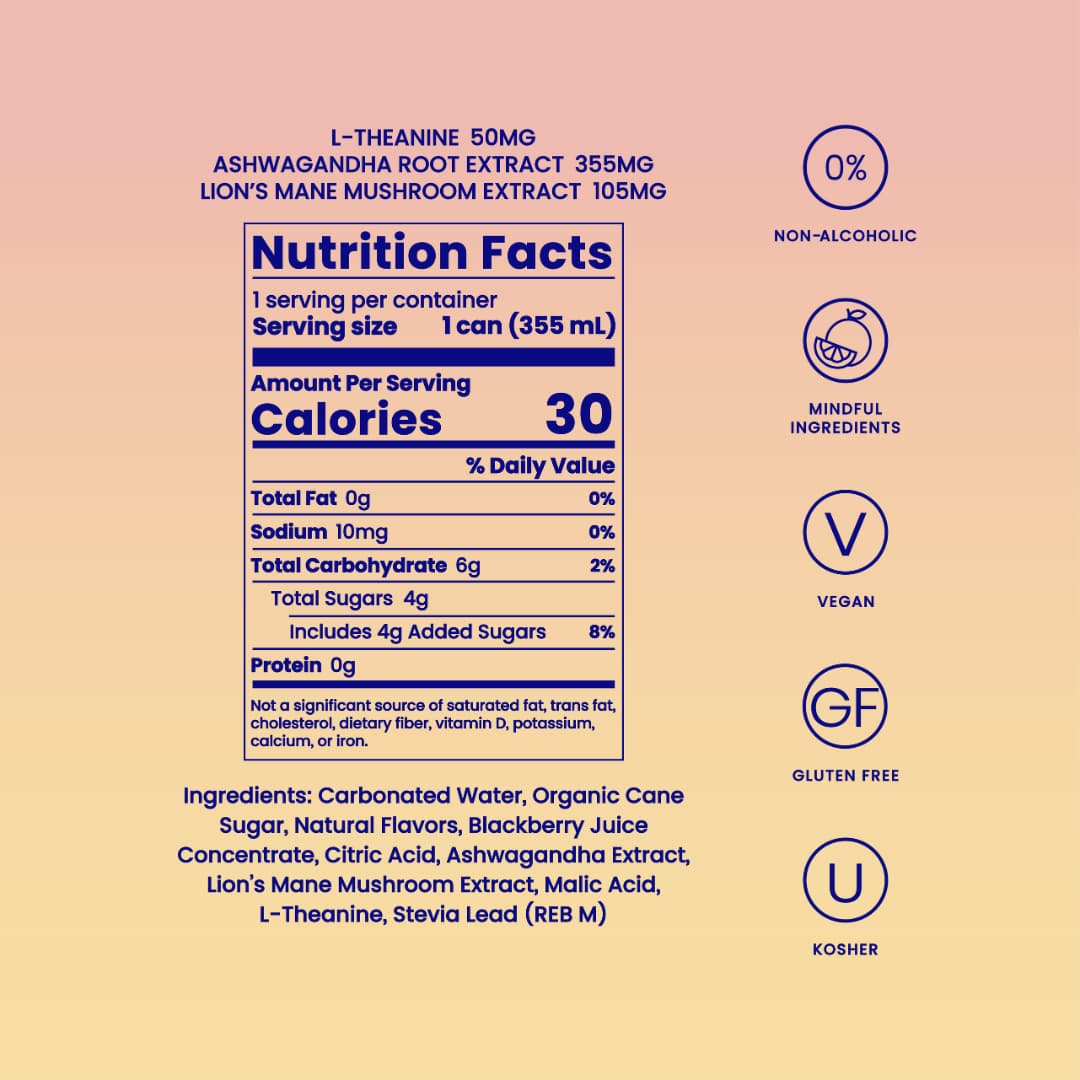 Berry Lemon Bliss nutrition facts with 30 calories and adaptogen dosages on a pink-to-yellow gradient with dietary badges.