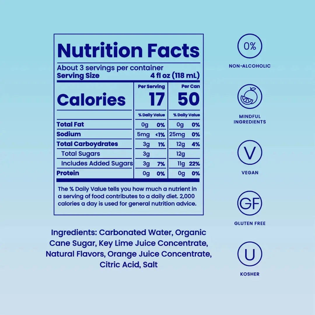 Blood Orange Elderflower Mimosa mocktail nutrition facts showing 60 calories per can with ingredients and dietary badges.