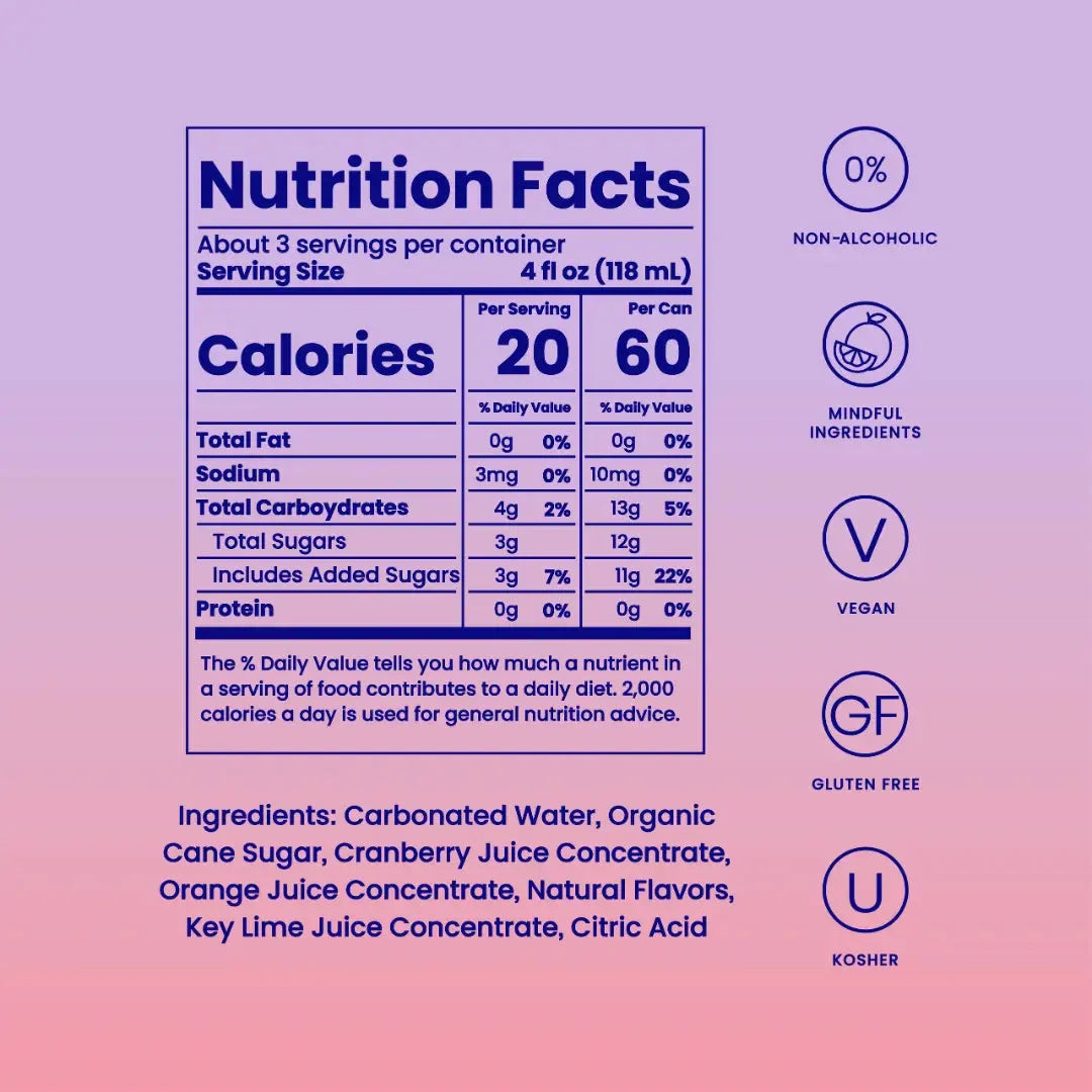 Cranberry Cosmo mocktail nutrition facts showing 60 calories per can with ingredients list and dietary badges.