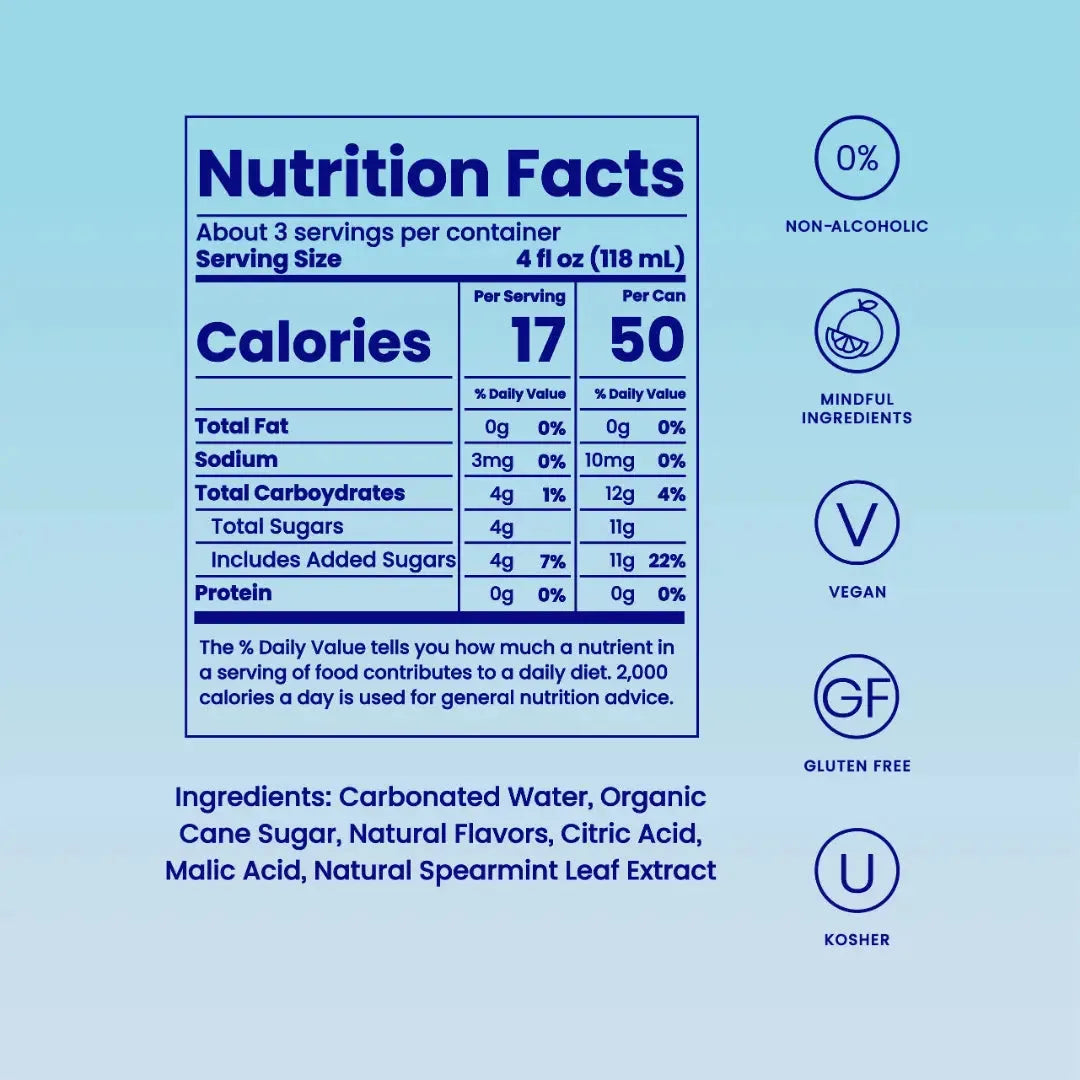Cucumber Melon Mojito mocktail nutrition facts showing 50 calories per can with ingredients list and dietary badges.