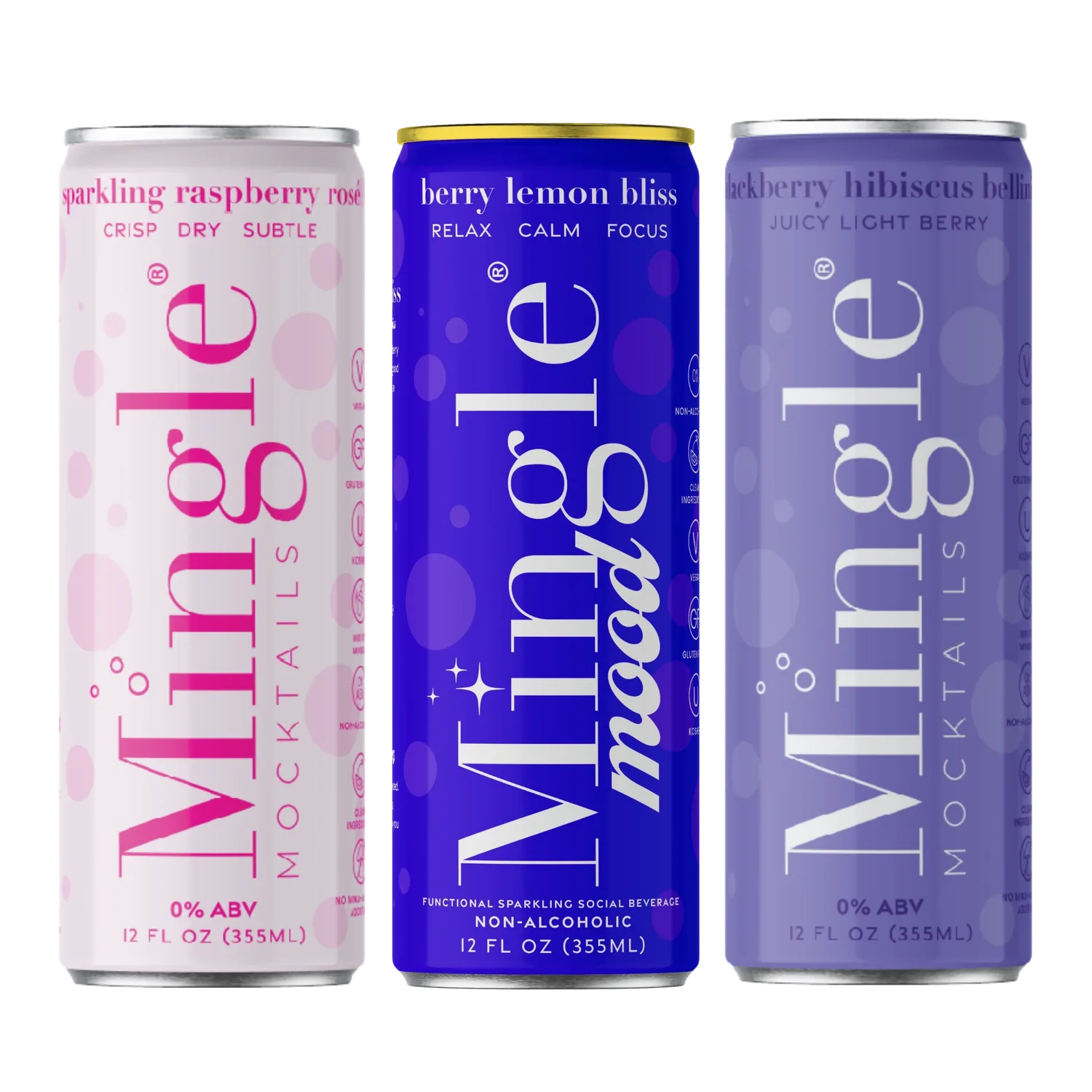 Mingle Berry Sampler three cans in a row featuring Sparkling Raspberry Rosé, Berry Lemon Bliss, and Blackberry Hibiscus Bellini on a white background.