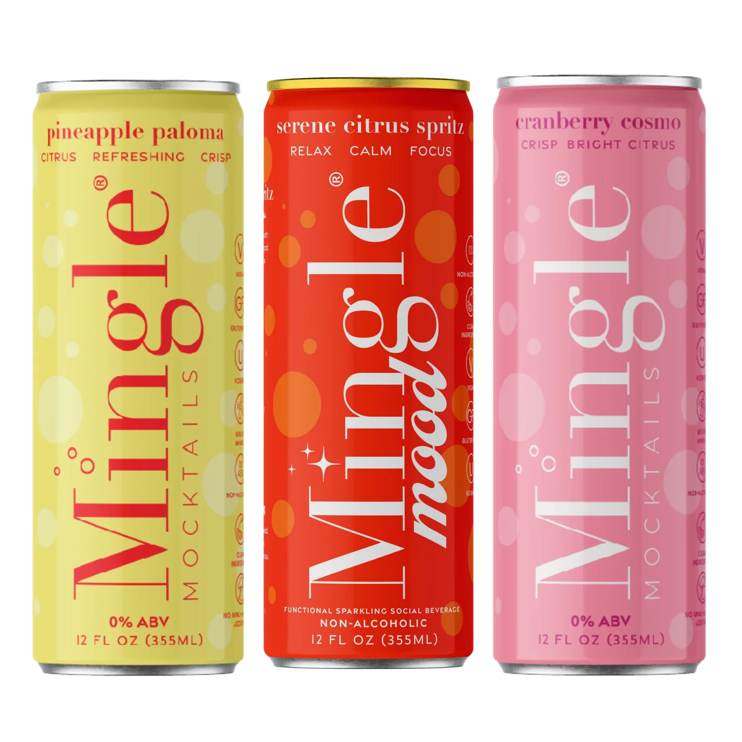 Mingle Citrus Sampler three cans in a row featuring Pineapple Paloma, Serene Citrus Spritz, and Cranberry Cosmo on a white background.