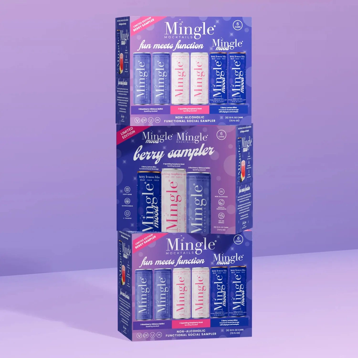 Mingle Mocktails limited edition Berry Sampler three stacked boxes with Bellini, Rosé, and Berry Lemon Bliss cans on a purple background.