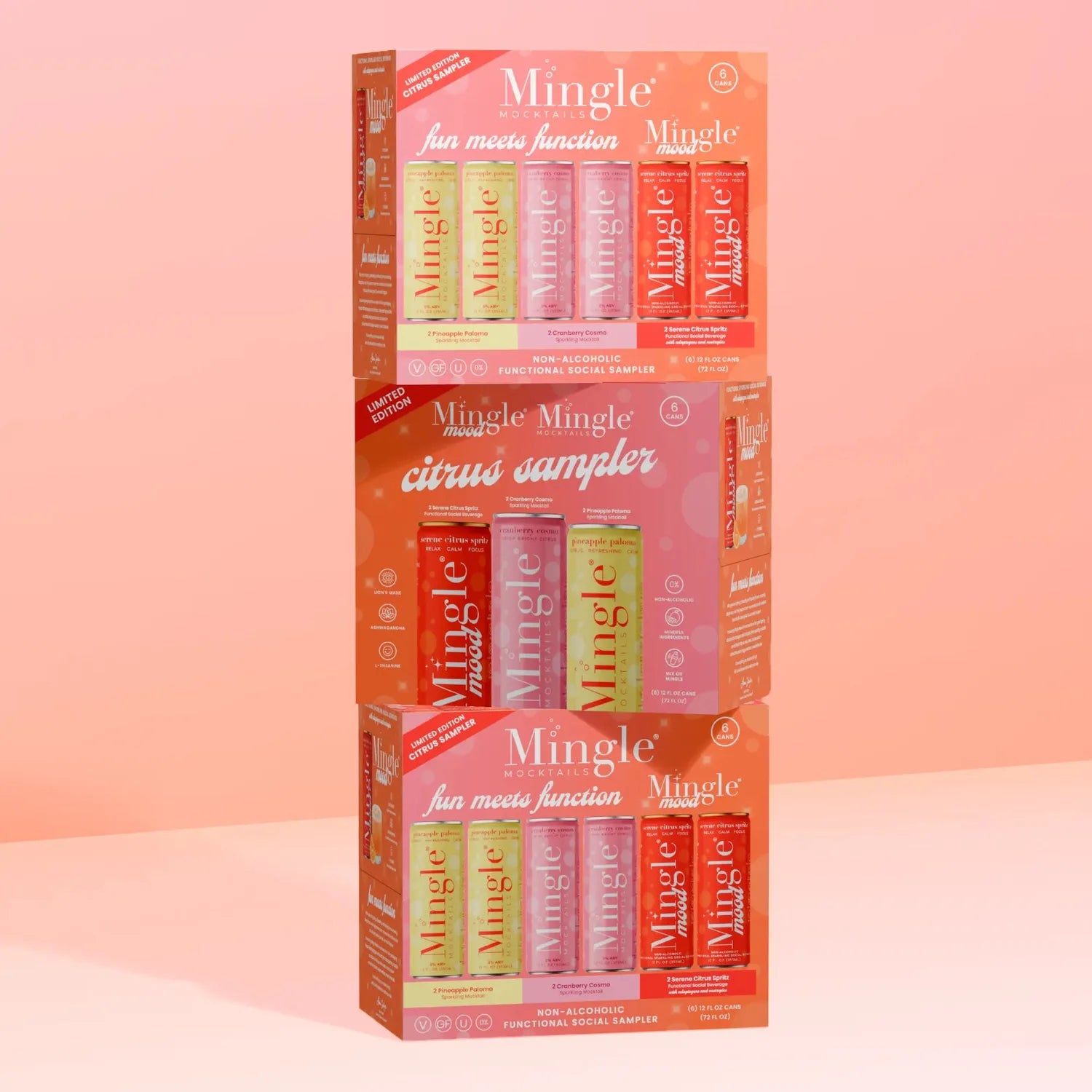 Mingle Mocktails limited edition Citrus Sampler three stacked boxes with Paloma, Cosmo, and Citrus Spritz cans on a pink background.