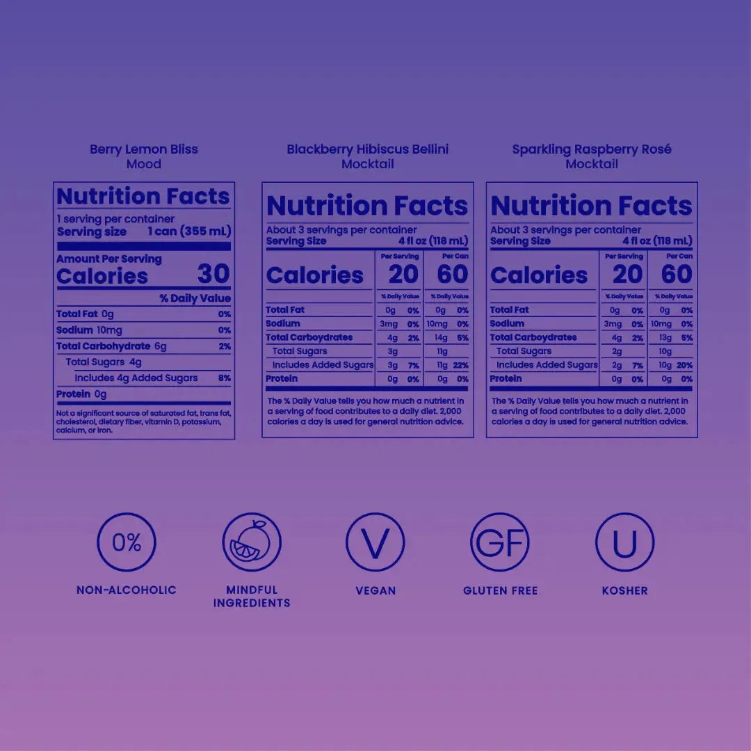 Nutrition facts for Berry Sampler Pack including Berry Lemon Bliss and Bellini and Rosé flavors on a purple gradient background.