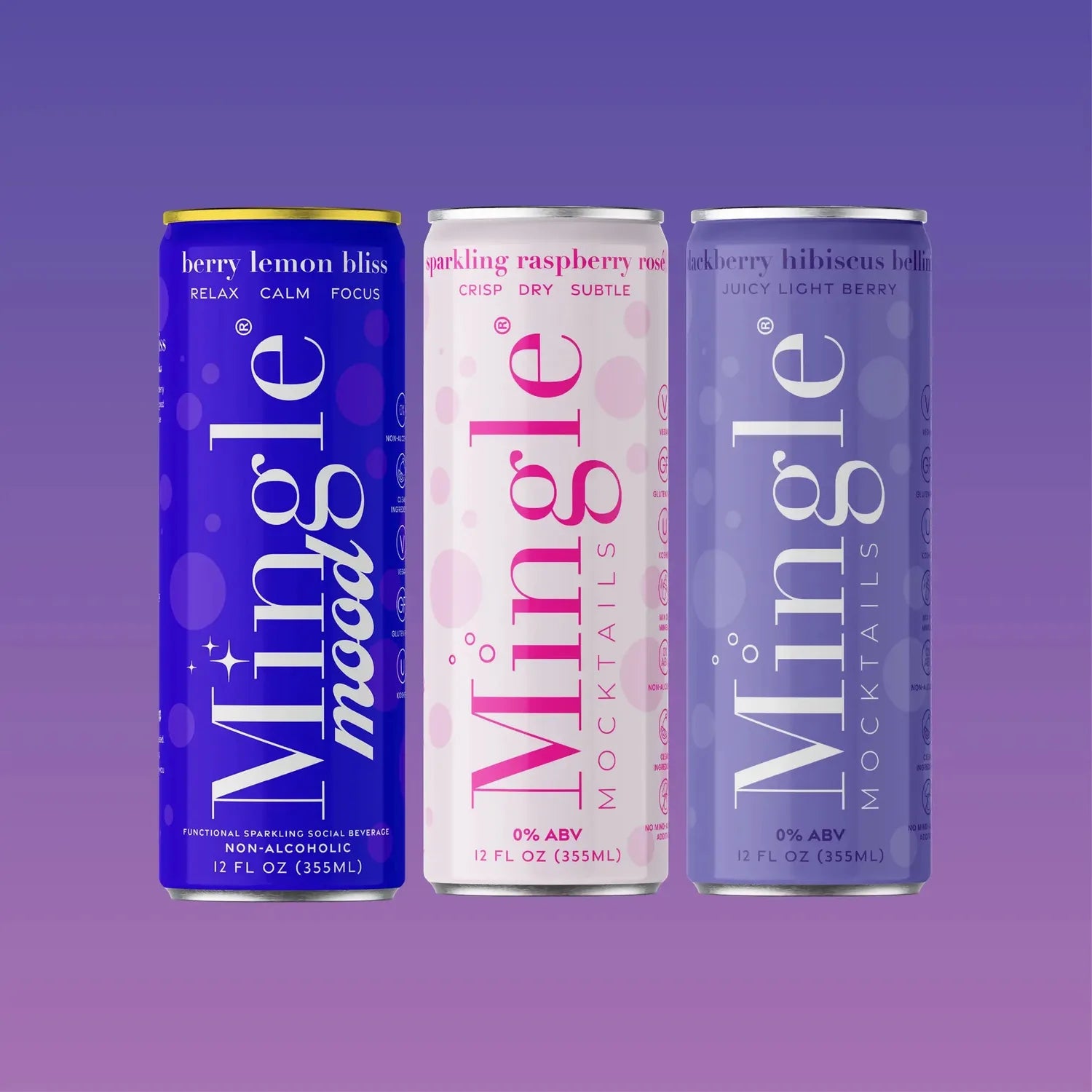 Three Mingle Berry Sampler cans featuring Berry Lemon Bliss and Sparkling Raspberry Rosé and Blackberry Hibiscus Bellini.