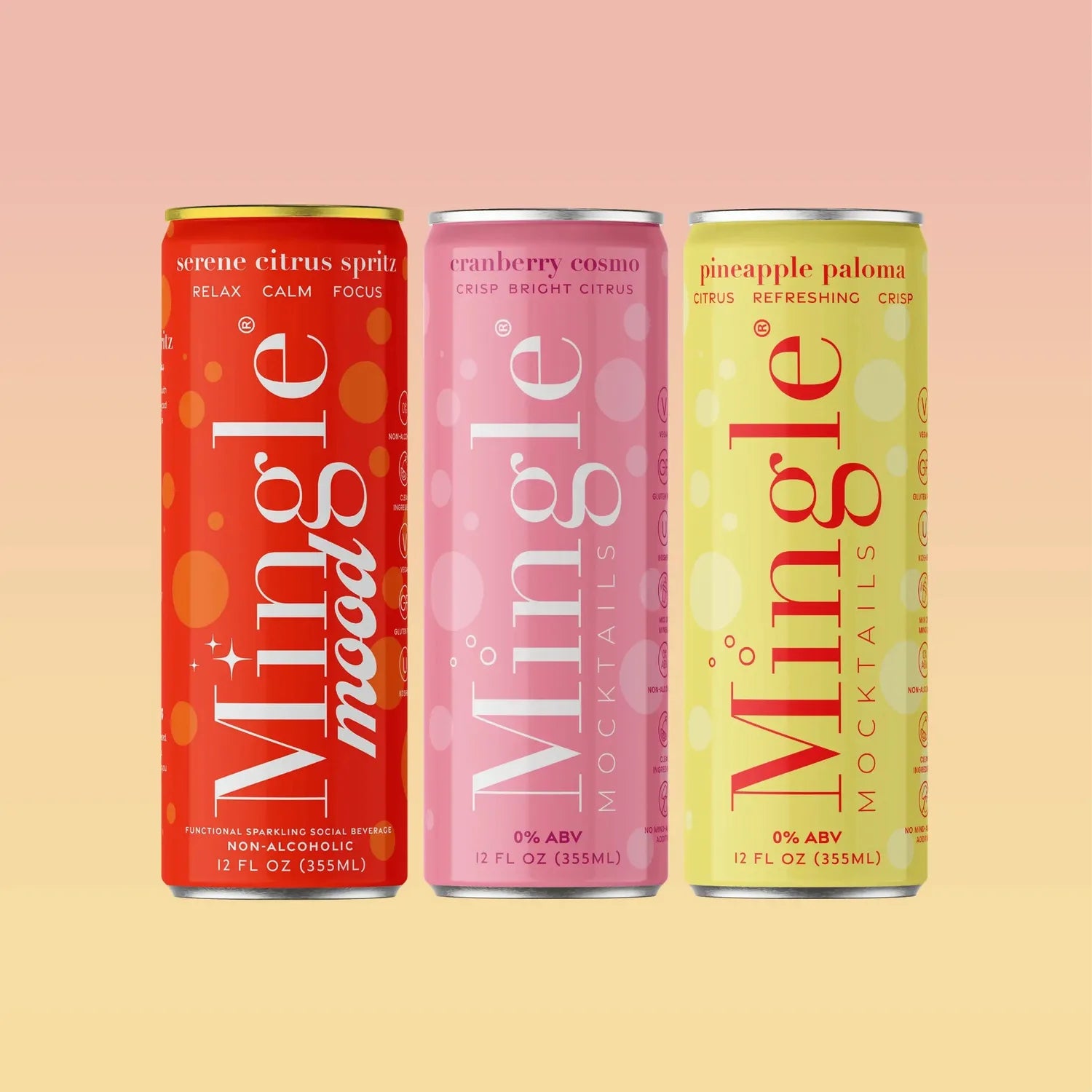 Three Mingle Citrus Sampler Pack cans featuring Serene Citrus Spritz and Cranberry Cosmo and Pineapple Paloma on a peach background.